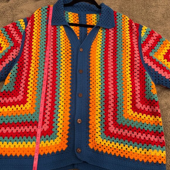 Women's Multi colored hand knit shortsleeved collared Cardigan - Picture 4 of 5